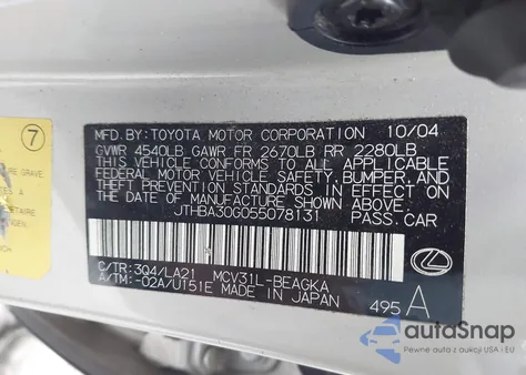 2005 Lexus Es 330 z USA, uszkodzony, nr VIN JTHBA30G055078131